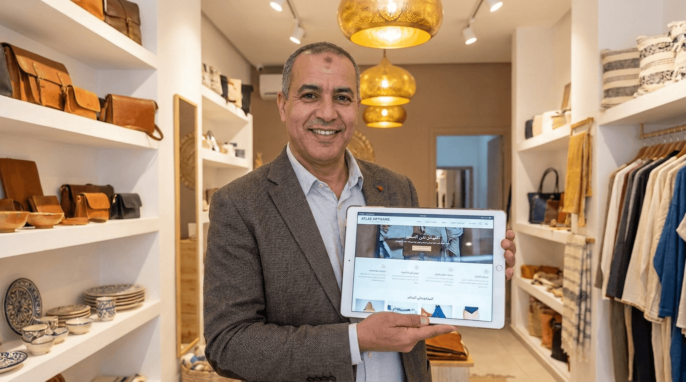 Commerçant marocain présentant son nouveau site web professionnel
